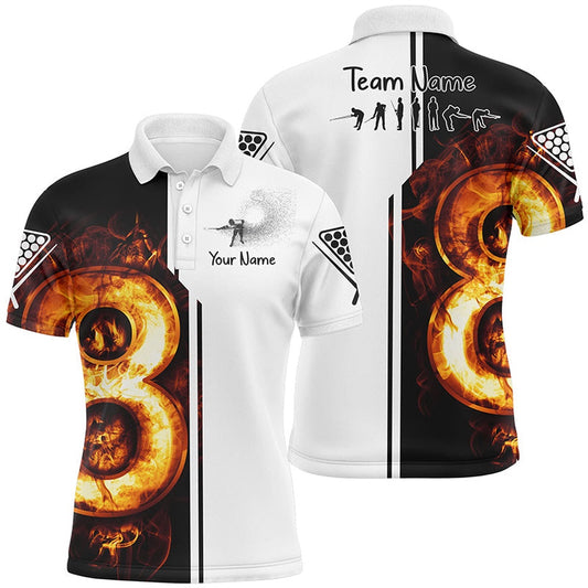 Personalized White Funny Pool Player 3D Fire Billiard Polo Shirts, 8 Ball Billiard Shirts, Billiard Team Polo Shirts