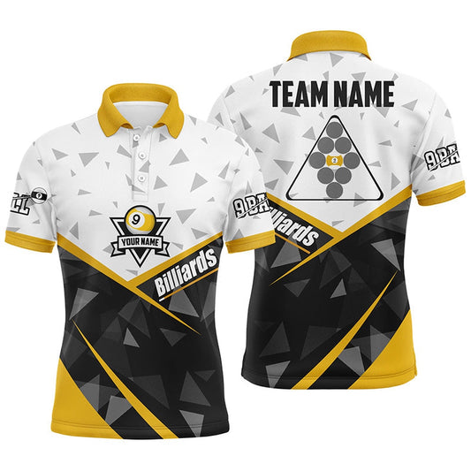 Personalized White Yellow 9 Ball Pool Polo Shirts, Custom Billiard Balls 9 Ball Team Shirts, Billiard Team Polo Shirts