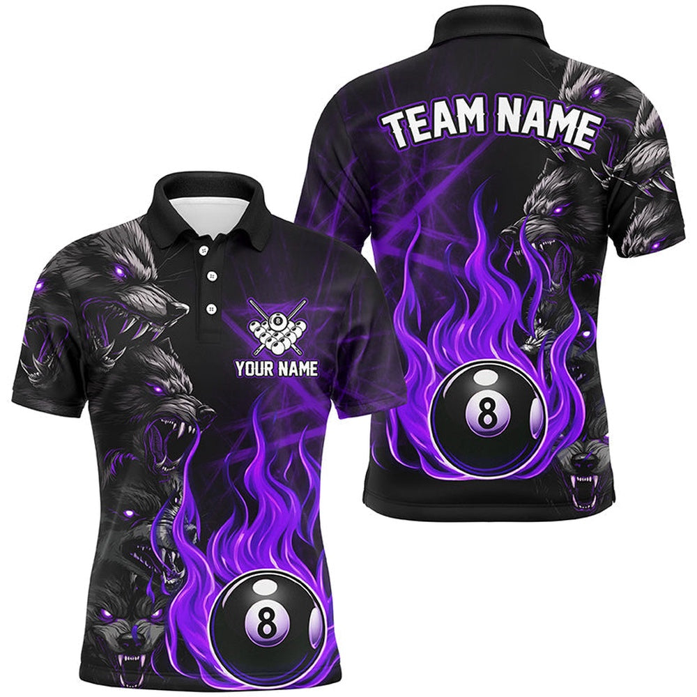 Personalized Wolf Flame 8 Ball Pool Fire Billiard Shirts Team League Billiard Polo Purple, Billiard Team Polo Shirts