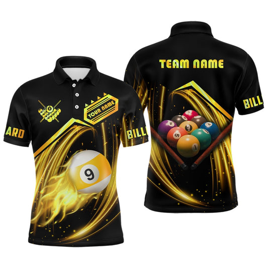 Personalized Yellow 9 Ball Billiard Polo Shirts Custom 9 Ball Team Shirts, Billiard Apparel, Billiard Team Polo Shirts