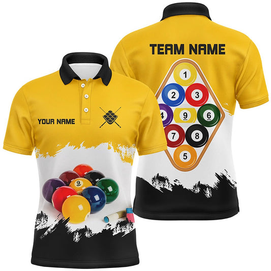 Personalized Yellow 9 Ball Pool Billiard Shirts, Billiard 9 Ball Team Shirts Polo, Billiard Team Polo Shirts