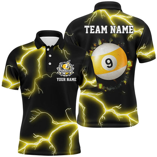 Personalized Yellow 9 Ball Pool Thunder Lightning Men Polo Shirts Custom Billiards Team Shirts, Billiard Team Polo Shirts