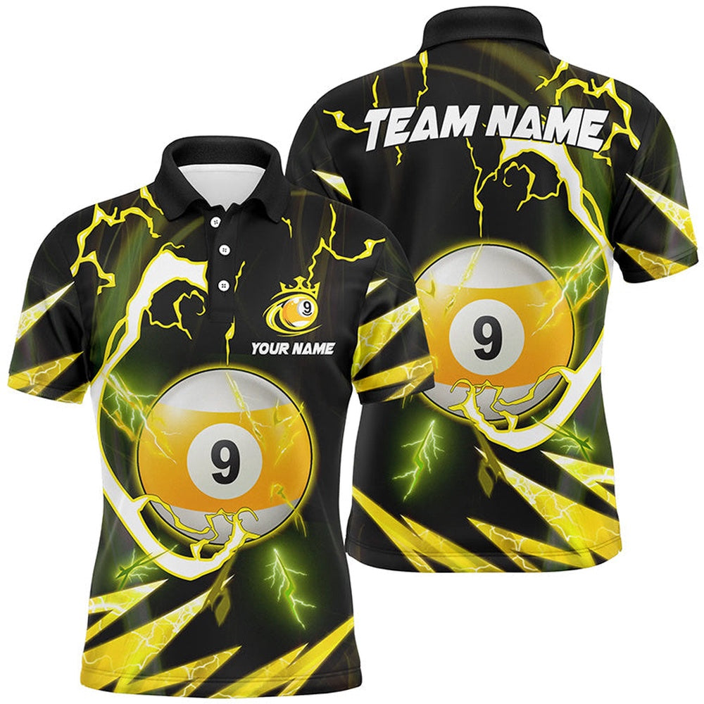 Personalized Yellow 9 Ball Pool Thunder Lightning Polo Shirts Custom Billiards Team Shirts, Billiard Team Polo Shirts