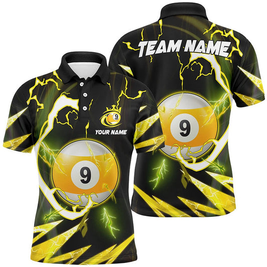 Personalized Yellow 9 Ball Pool Thunder Lightning Polo Shirts Custom Billiards Team Shirts, Billiard Team Polo Shirts