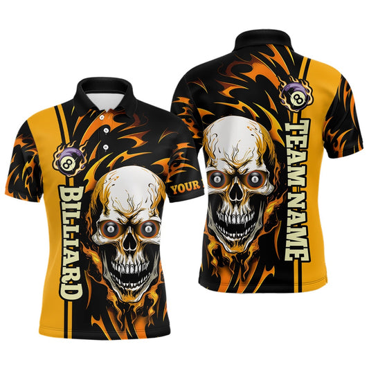 Personalized Yellow Billiard Skull Player 3D Men'S Polo Shirts Custom Name Billiard Team Uniform, Billiard Team Polo Shirts