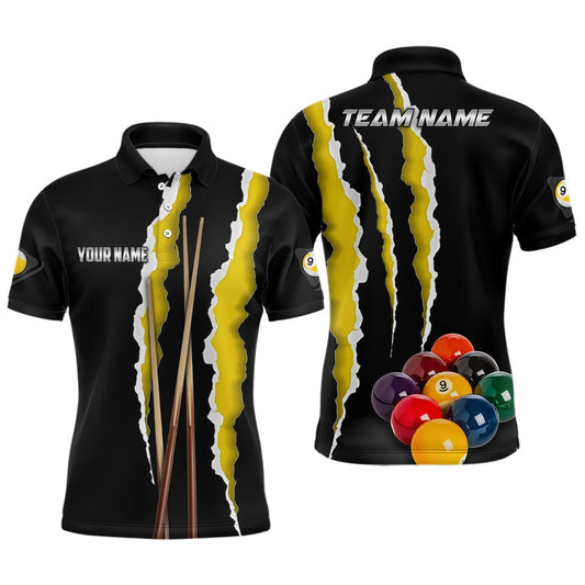Personalized Yellow Black 9 Ball Pool 3D Printed Billiard Shirts, 9 Ball Billiard Team Polo, Billiard Team Polo Shirts