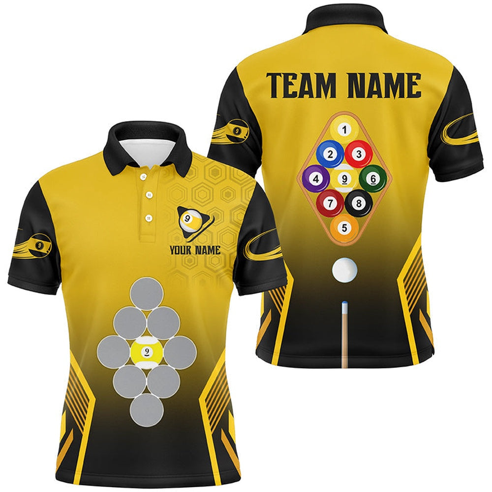Personalized Yellow Black 9 Ball Pool Billiard Shirts Custom 9 Ball Team Polo Shirts, Billiard Team Polo Shirts