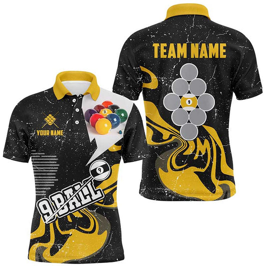 Personalized Yellow Black 9 Ball Pool Billiard Shirts Custom Grunge 9 Ball Billiard Team Shirts, Billiard Team Polo Shirts