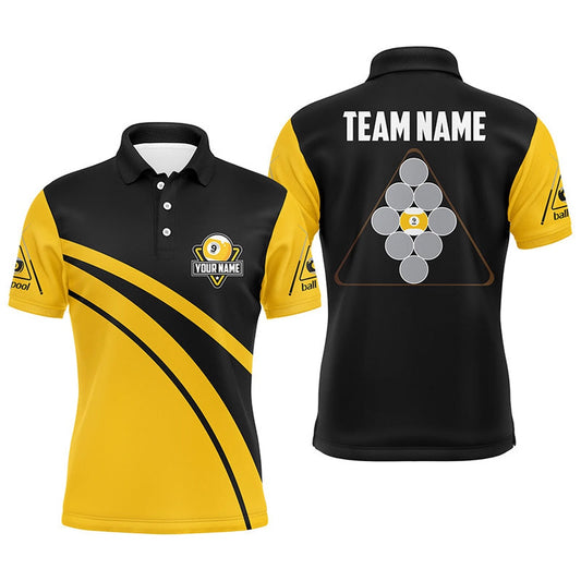 Personalized Yellow Black 9 Ball Pool Polo Shirts, Custom Billiard 9 Ball Team Polo, Billiard Team Polo Shirts
