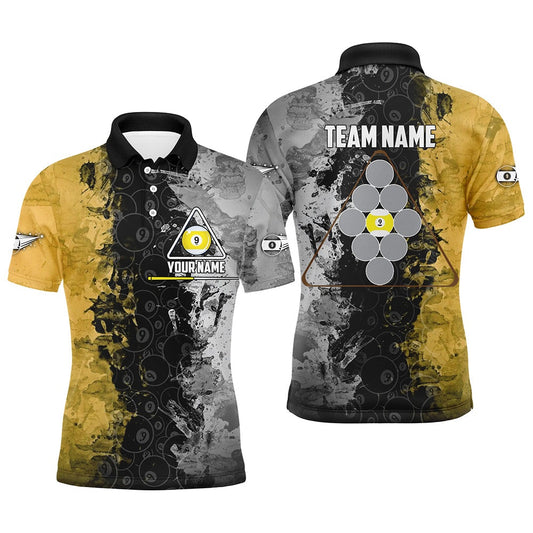 Personalized Yellow Black 9 Ball Pool Polo Shirts, Custom Name Billiard 9 Ball Team Shirts, Billiard Team Polo Shirts