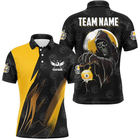 Personalized Yellow Black Death Skeleton 9 Ball Billiard Shirts, 9 Ball Pool Team Polo, Billiard Team Polo Shirts
