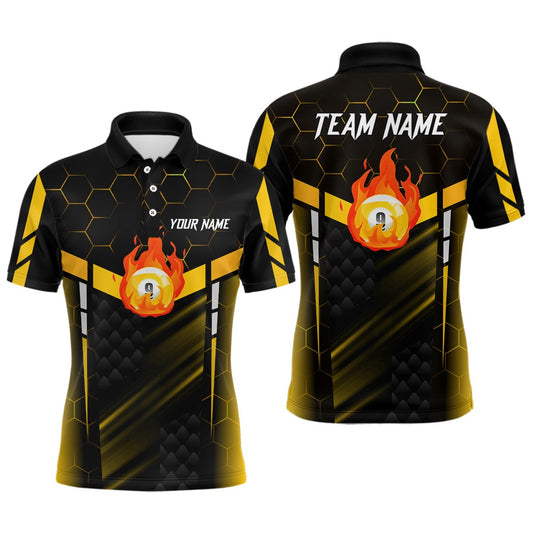 Personalized Yellow Fire 9 Ball Billiard 3D Polo Shirts, Custom 9 Ball Pool Team Polo, Billiard Team Polo Shirts