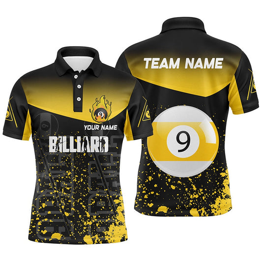 Personalized Yellow Fire 9 Ball Pool Billiard Polo Shirts, 9 Ball Billiard Team Shirts, Billiard Team Polo Shirts