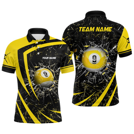 Personalized Yellow Glass Break 9 Ball Pool 3D Polo Shirts Billiards 9 Ball Team Polo, Billiard Team Polo Shirts