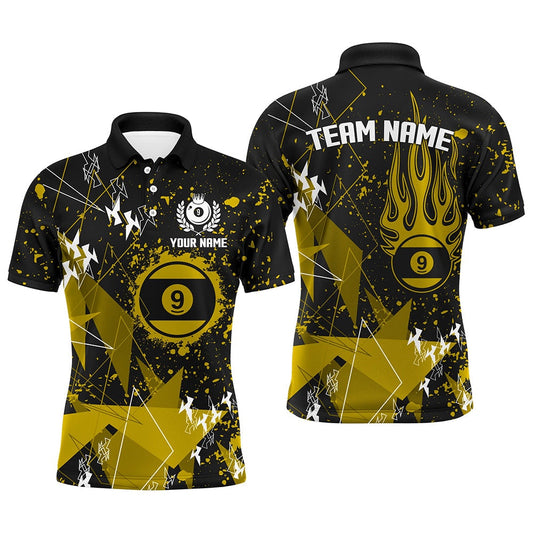 Personalized Yellow Grunge 9 Ball Billiard Polo Shirts, Custom Billiard Polo For Pool Player, Billiard Team Polo Shirts