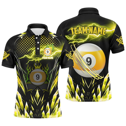 Personalized Yellow Icy Lightning 9 Ball Pool Polo Shirts Custom Billiard Team League Polo, Billiard Team Polo Shirts