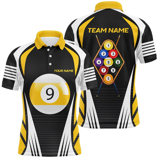 Personalized Yellow White 9 Ball Pool 3D Polo Shirts, Custom 9 Ball Team Billiard Polo, Billiard Team Polo Shirts
