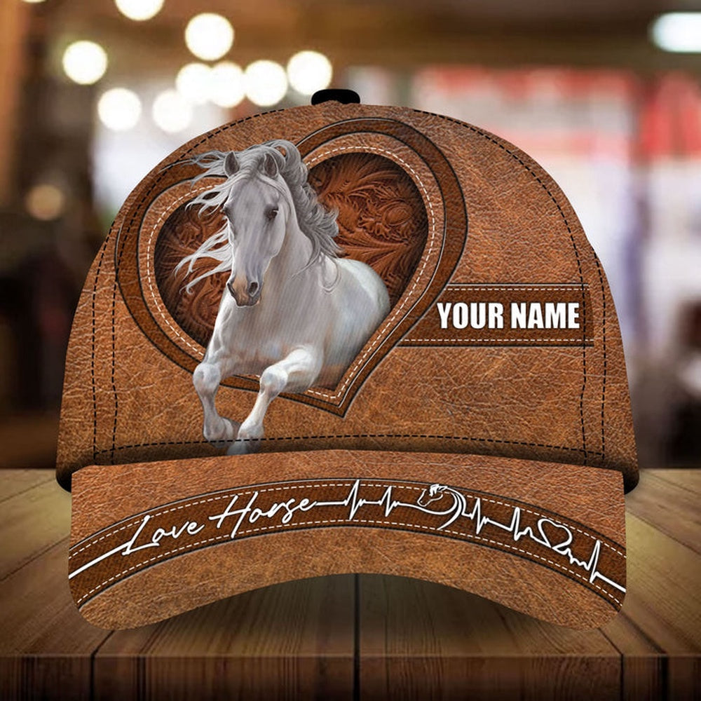 Personalized love horse white heart line leather pattern cap, Farmer Cap, Cap For Farmers, Best Farm Hat, Farm Use Hat