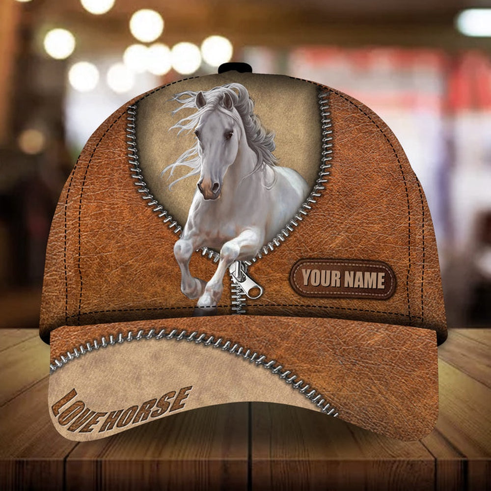 Personalized love white horse zip leather pattern cap, Farmer Cap, Cap For Farmers, Best Farm Hat, Farm Use Hat
