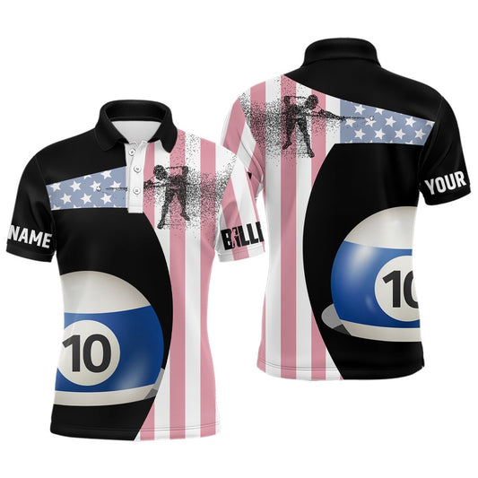 Personalzied American Flag 10 Ball Billiard 3D Polo Shirts, Custom 10 Ball Pool Polo, Billiard Team Polo Shirts