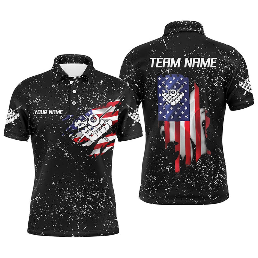 Personalzied US Flag 8 Ball Pool Black Grunge 3D Polo Shirts, Custom Billiards Polo, Billiard Team Polo Shirts
