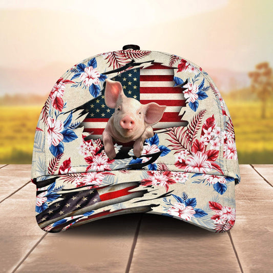 Pig American Flag Flowers Pattern Cap, Farmer Cap, Vintage Farmer Hat, Mens Farmer Hats, Cap For Farmers