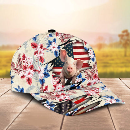 Pig American Flag Flowers Pattern Cap, Farmer Cap, Vintage Farmer Hat, Mens Farmer Hats, Cap For Farmers