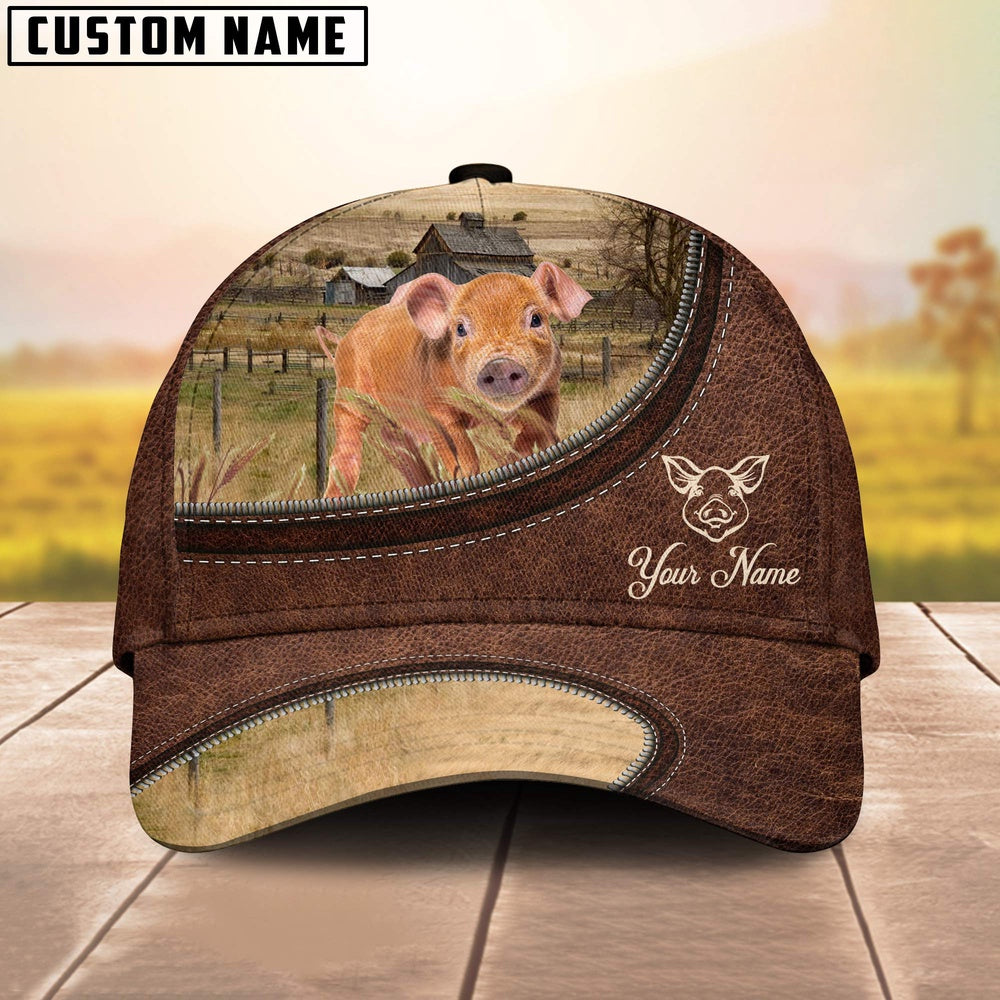 Pig Brownie On The Farm Customized Name Leather Pattern Cap, Farmer Cap, Cap For Farmers, Best Farm Hat, Farm Use Hat