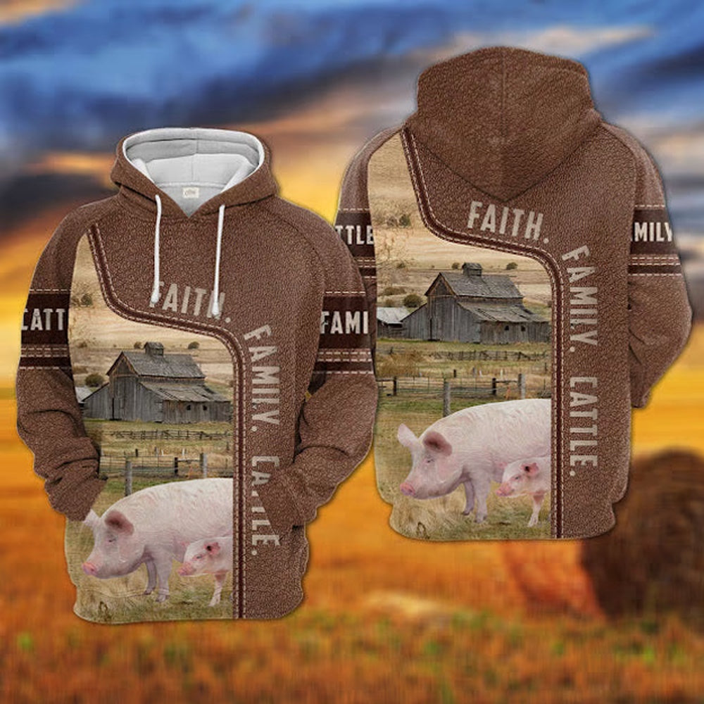 Pig Faith Family Cattle Personalized 3D Hoodie, Farmer Hoodie, Custom Farm Shirts, Farmer T Shirt