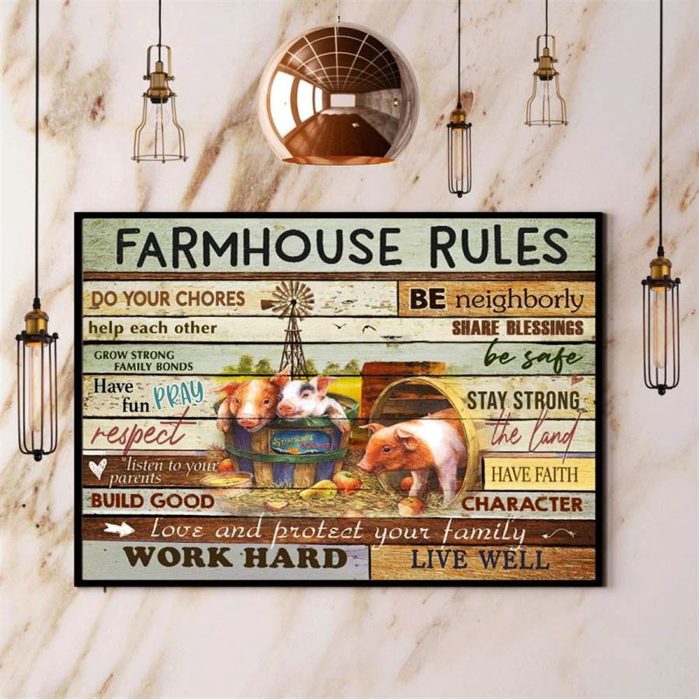 Pig Farmhouse Rules Love Protect Your Family Canvas, Farm Canvas, Farm Gift, Farm Home Decor