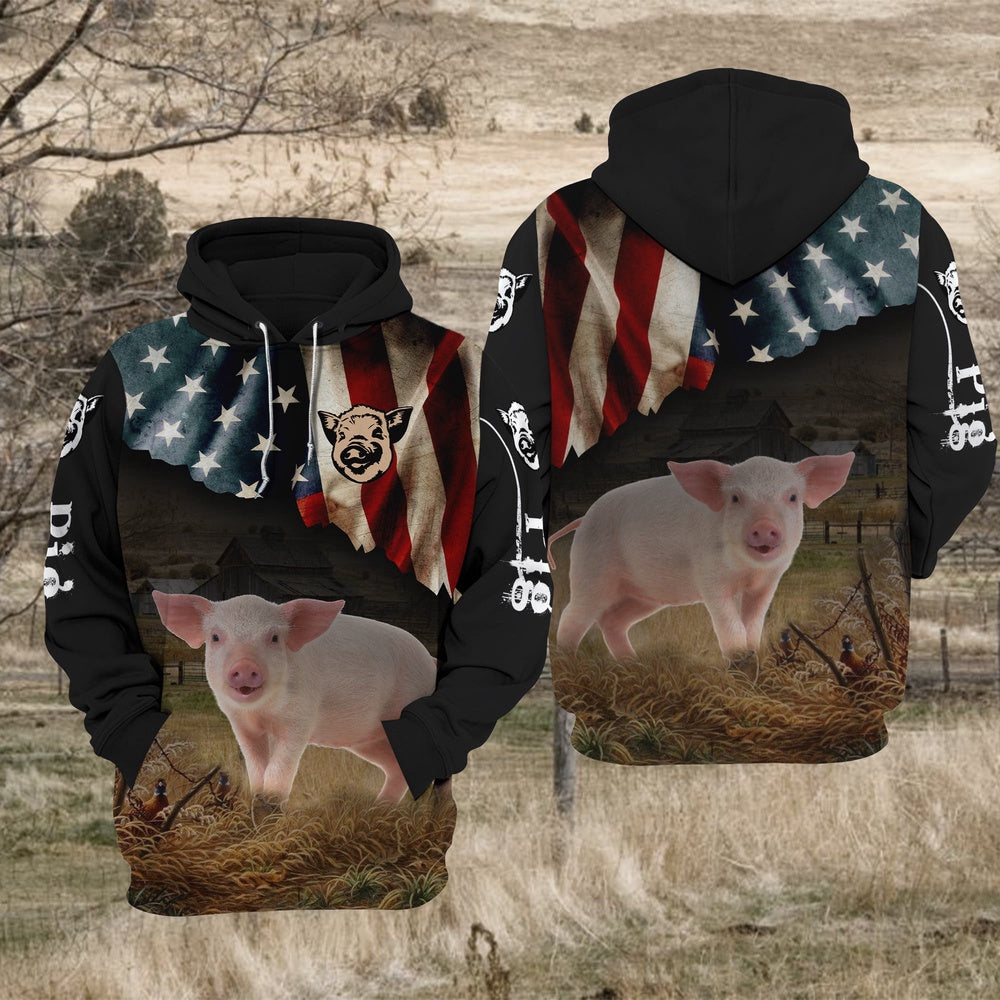 Pig US Flag All Over Printed Hoodie TT, Farmer Hoodie, Farm Themed Shirts, Farm Tee Shirts