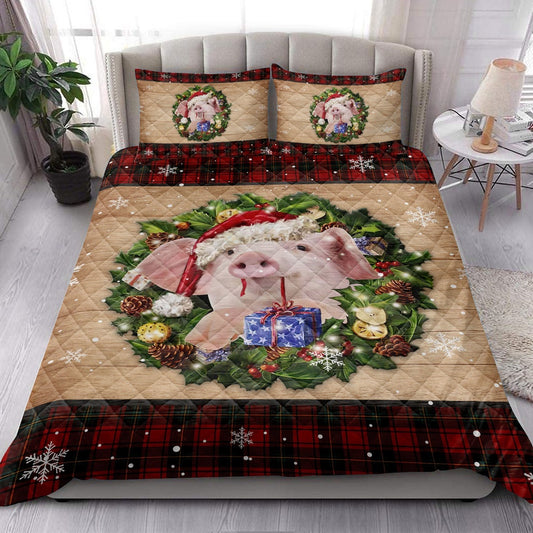 Pig Wearing Wreath Amas Hat Red Buffalo Plaid Winter Bedding Set, Christmas Beddings, Xmas Bedding Sets
