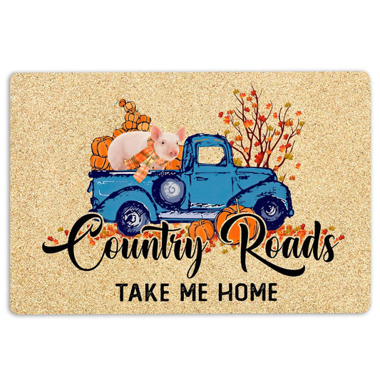Pig Welcome Doormat, Pig Farm Animal Country Road Take Me Home Fall Pumpkins Autumn Welcome Doormat, Pets Home Decor Door Mat