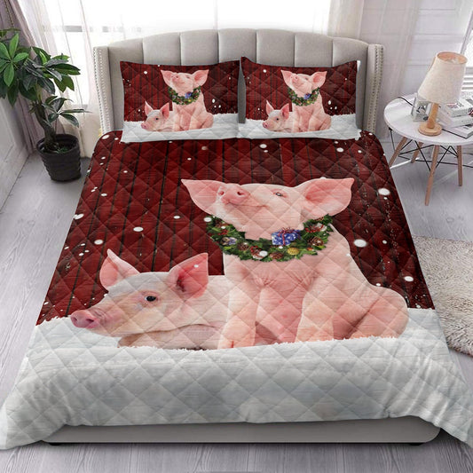 Pig With Wreathmas Farm Pig Bedding Set, Christmas Beddings, Xmas Bedding Sets