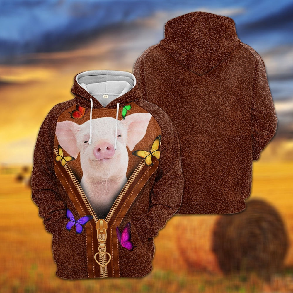 Pig Zipper Sewing To Leather Hoodie, Farmer Hoodie, Farm Themed Shirts, Farm Tee Shirts