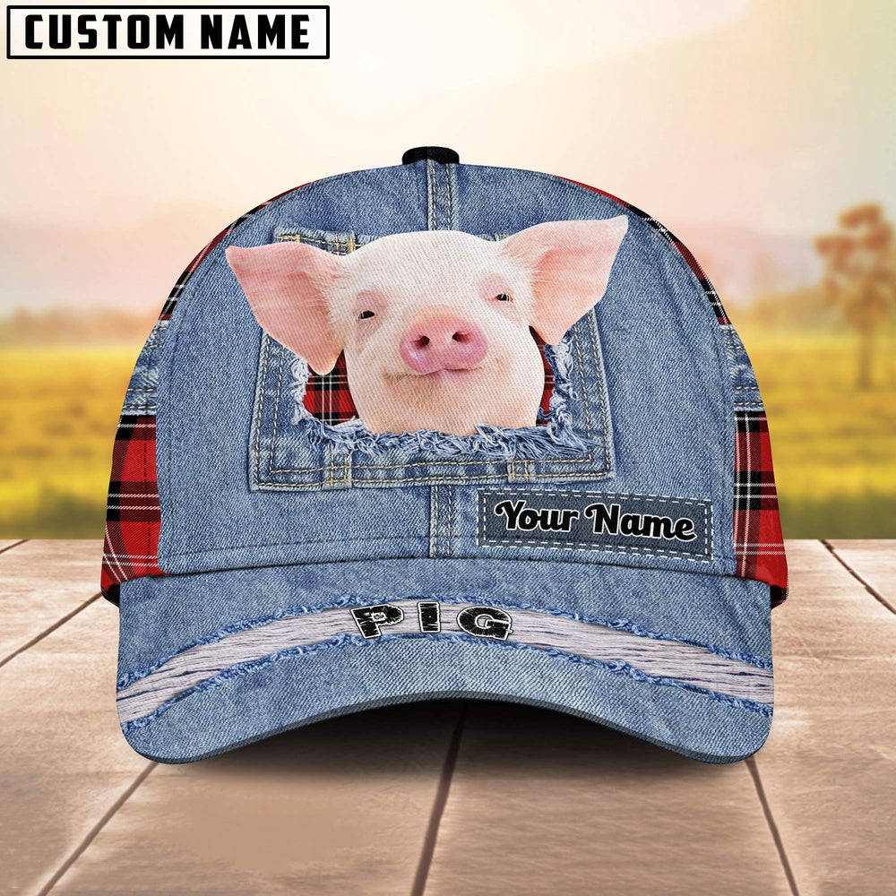 Piggie Overall Jeans Pattern And Red Caro Pattern Customized Name Cap, Farmer Cap, Cap For Farmers, Best Farm Hat, Farm Use Hat