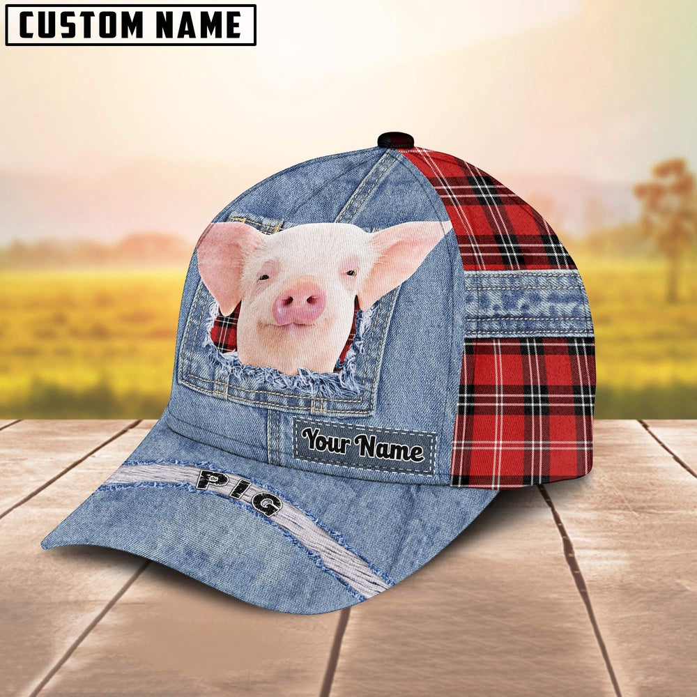Piggie Overall Jeans Pattern And Red Caro Pattern Customized Name Cap, Farmer Cap, Cap For Farmers, Best Farm Hat, Farm Use Hat