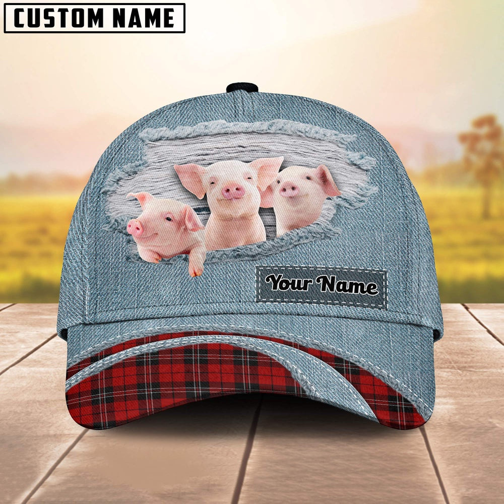 Piggies Red Caro And Jeans Pattern Customized Name Cap, Farmer Cap, Cap For Farmers, Best Farm Hat, Farm Use Hat