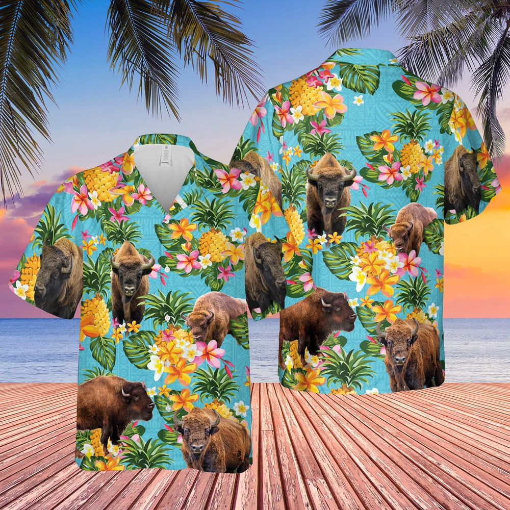 Pineapple Hawaiian Theme For Bison Lovers All 3D Printed Hawaiian shirt, Farm Hawaiian Shirt, Farmer Hawaii