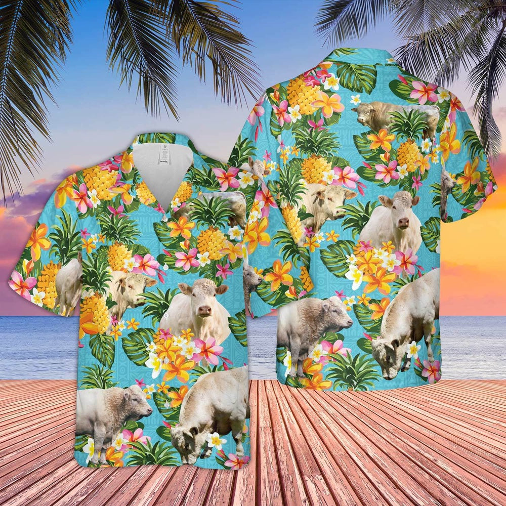 Pineapple Hawaiian Theme For CHAROLAIS Cattle Lovers All 3D Printed Hawaiian shirt, Farm Hawaiian Shirt, Farmer Hawaii