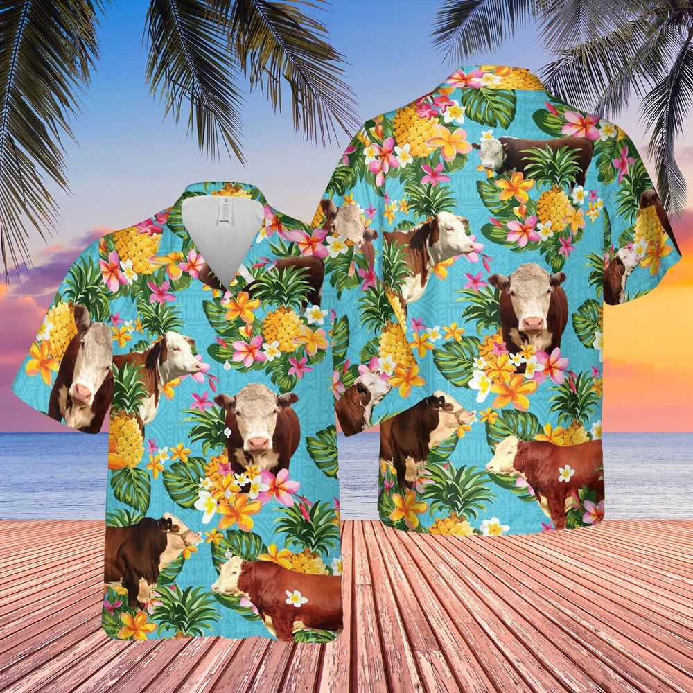 Pineapple Hawaiian Theme For HEREFORD Cattle Lovers All 3D Printed Hawaiian shirt, Farm Hawaiian Shirt, Farmer Hawaii