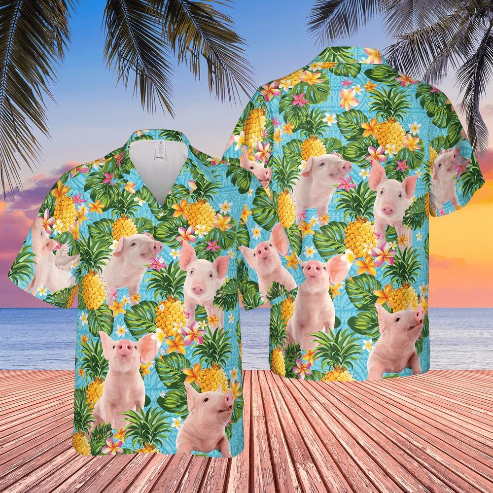 Pineapple Hawaiian Theme For PIG Lovers All 3D Printed Hawaiian shirt, Farm Hawaiian Shirt, Farmer Hawaii