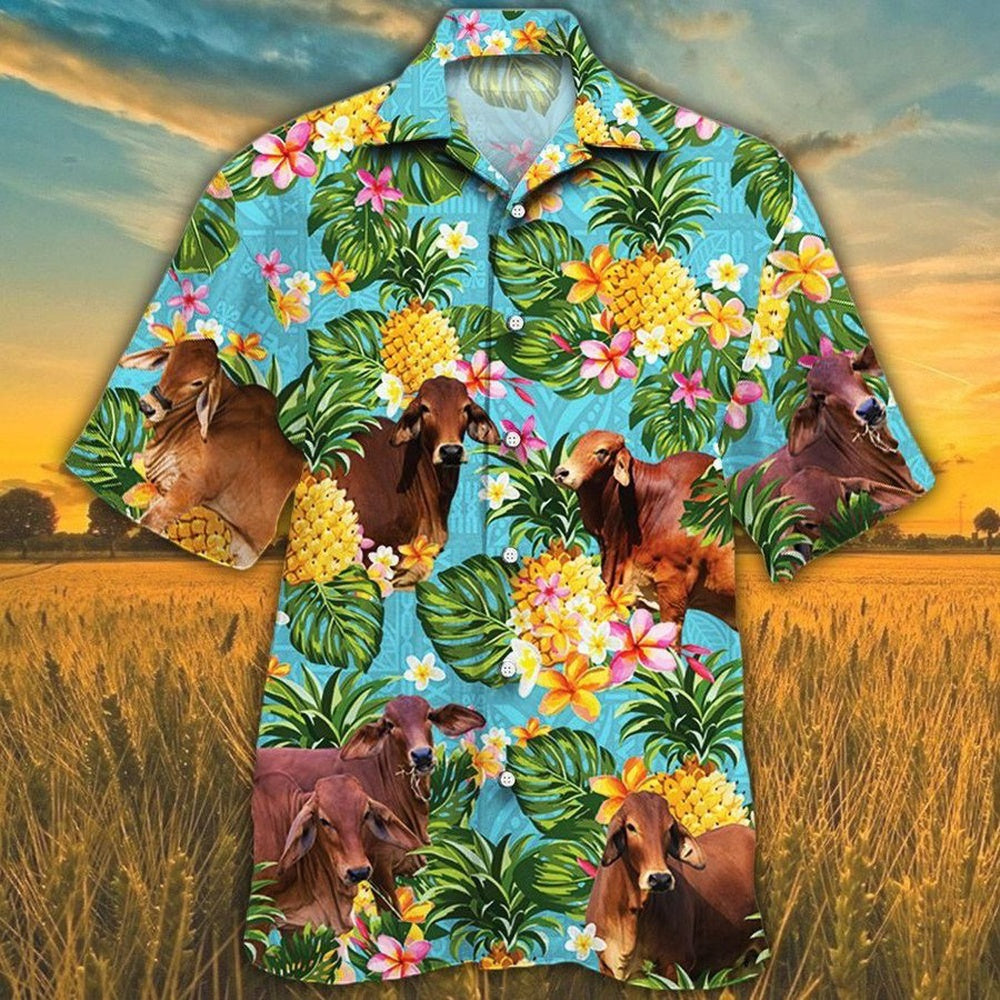 Pineapple Hawaiian Theme For RED BRAHMAN Cattle Lovers All 3D Printed Hawaiian shirt, Farm Hawaiian Shirt, Farmer Hawaii