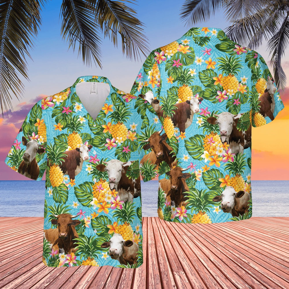 Pineapple Hawaiian Theme For SIMMENTAL Cattle Lovers All 3D Printed Hawaiian shirt, Farm Hawaiian Shirt, Farmer Hawaii