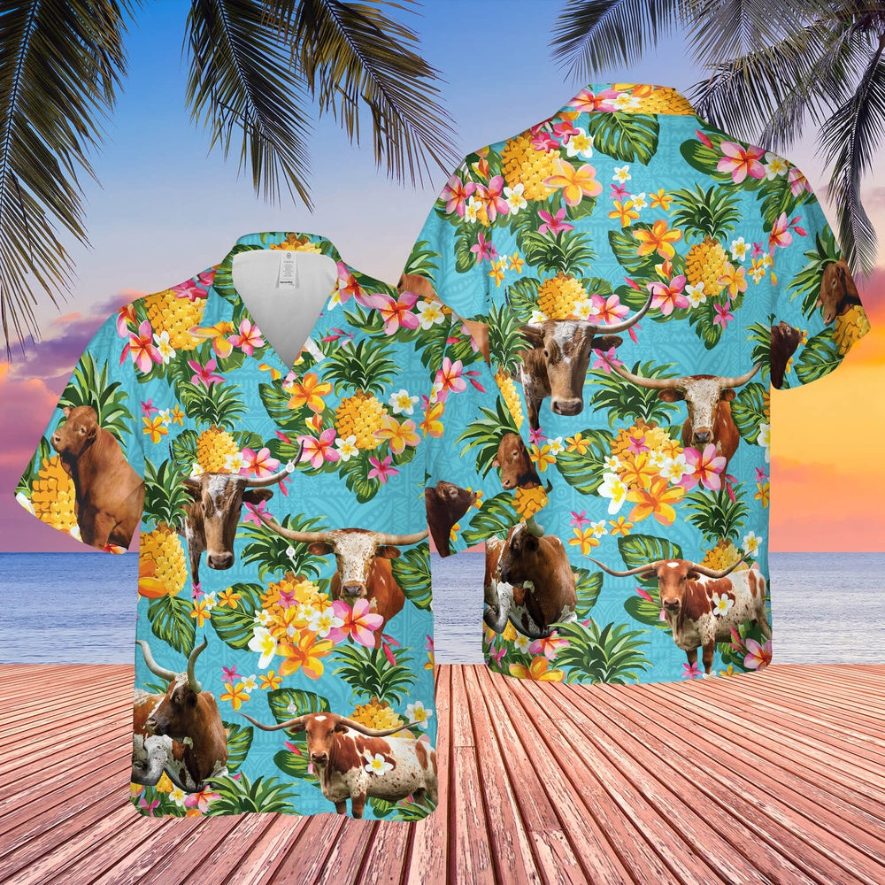 Pineapple Hawaiian Theme For TX LONGHORN Cattle Lovers All 3D Printed Hawaiian shirt, Farm Hawaiian Shirt, Farmer Hawaii
