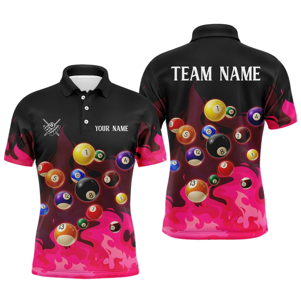 Pink 3D Billiard Balls Fire Flame Custom Billiard Shirts, Billiard League Pool Team Polo, Billiard Team Polo Shirts