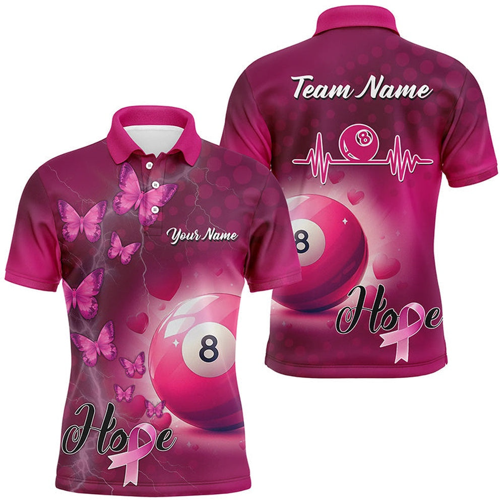 Pink 8 Ball Pool Billiard Shirts Custom Name Breast Cancer Awareness Billiard Team Polo, Billiard Team Polo Shirts