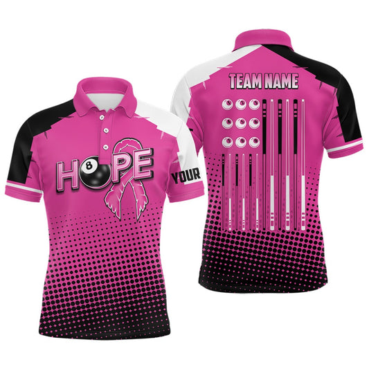 Pink Breast Cancer Awareness US Flag Custom Billiard Shirts, 8 Ball Pool Polo For Pooler, Billiard Team Polo Shirts
