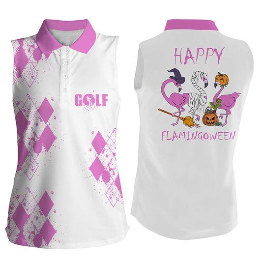 Pink Flamingo Womens Sleeveless Polos Shirt Funny Halloween Flamingoween Golf Shirt For Ladies, Women Golf Shirts