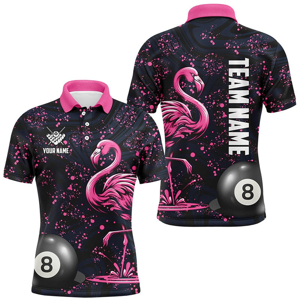 Pink Grunge Flamingo 8 Ball Pool Billiard Shirts Custom Unique Billiard Polo Apparel, Billiard Team Polo Shirts